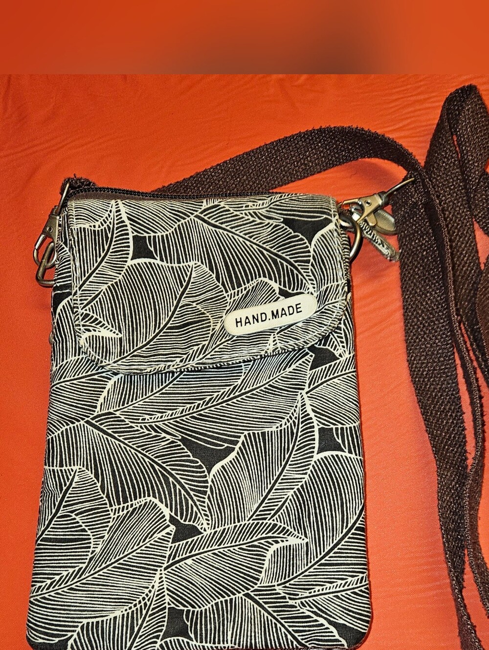 Handmade Crossbody Phone Pouch in Brown & White Leaf Print E.U.C. 8"×5"